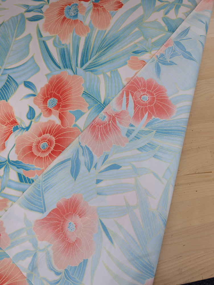Coral Flower Print Cotton Spandex Fabric - Coral/Turquoise/Aqua Floral, 44/45" Width (1 Yard)