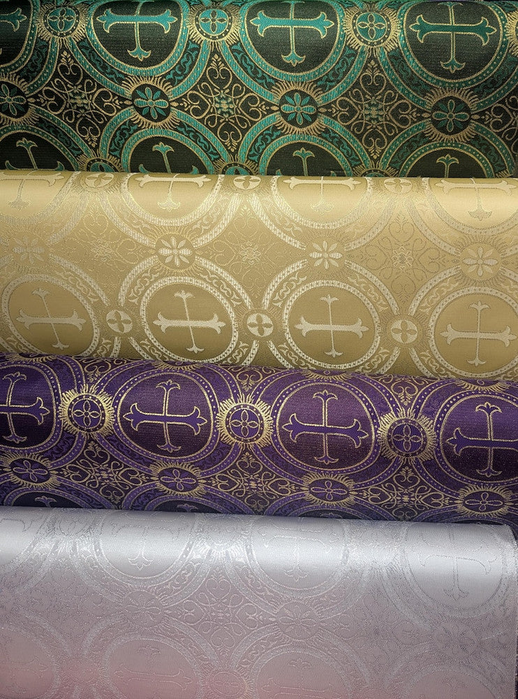 Church Metallic Cross Polyester Brocade Fabric - Metallic Cross Jacquard, 58/59" Width, Silver, Light Gold, Purple/Gold, Green/Gold (1 Yard)