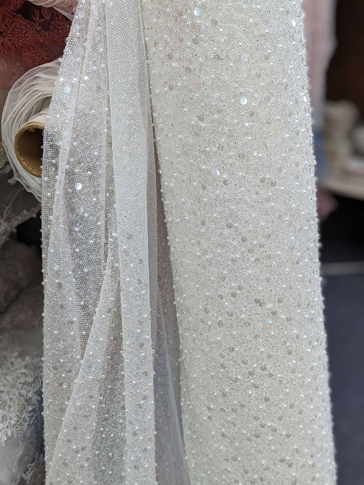 All Over Beads And Sequins Bridal Lace Polyester Fabric - Blush Pink And Light Ivory, Mesh With Beads, Sequins And Pearls, 59/60" Width (1 Yard)