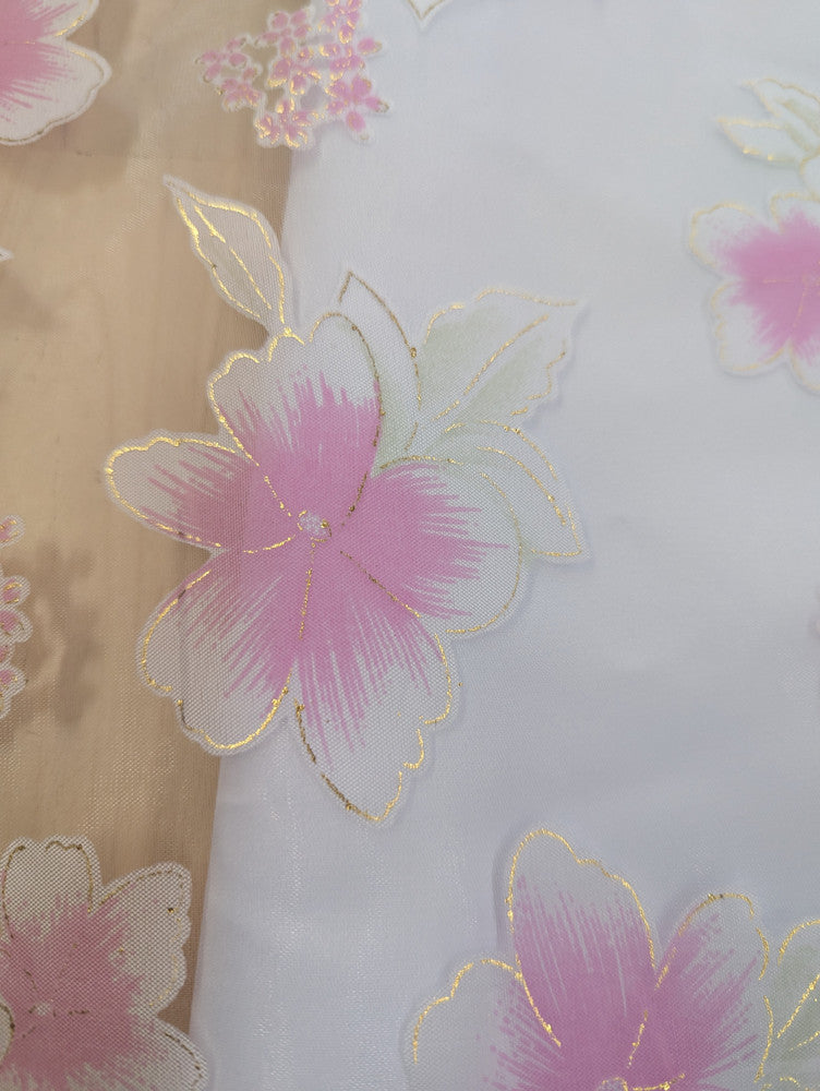 White Organza With Pink Flowers Polyester Organza Fabric - Pink Floral On White, Metallic Gold Outline, 58-59" Width (1 Yard)