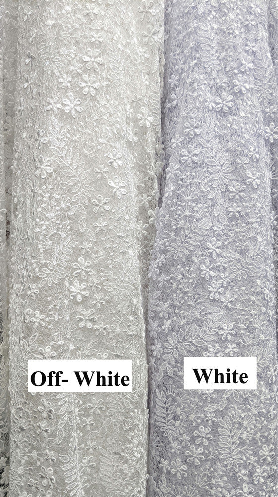Daisy Bridal Lace Polyester Fabric - White, Off White, Pink, Small Flower Embroidery With Clear Sequins, 50-51" Width (1 Yard)