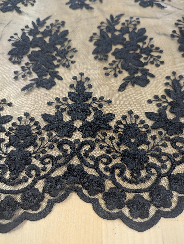 Regina Polyester Lace Fabric - White, Off-White, Black, Bridal Floral Embroidered Mesh, Scalloped Edges, 51/52" Width (1 Yard)