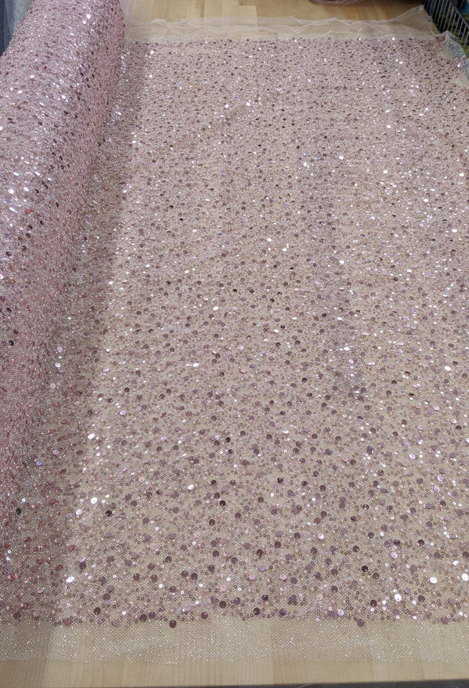 All Over Beads And Sequins Bridal Lace Polyester Fabric - Blush Pink And Light Ivory, Mesh With Beads, Sequins And Pearls, 59/60" Width (1 Yard)
