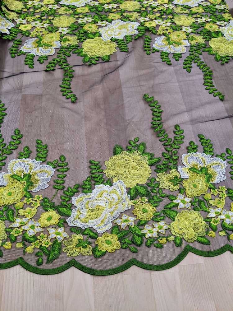Alameda Polyester Lace Fabric - Black Mesh, Embroidered Floral, 50/51" Width (1 Yard)