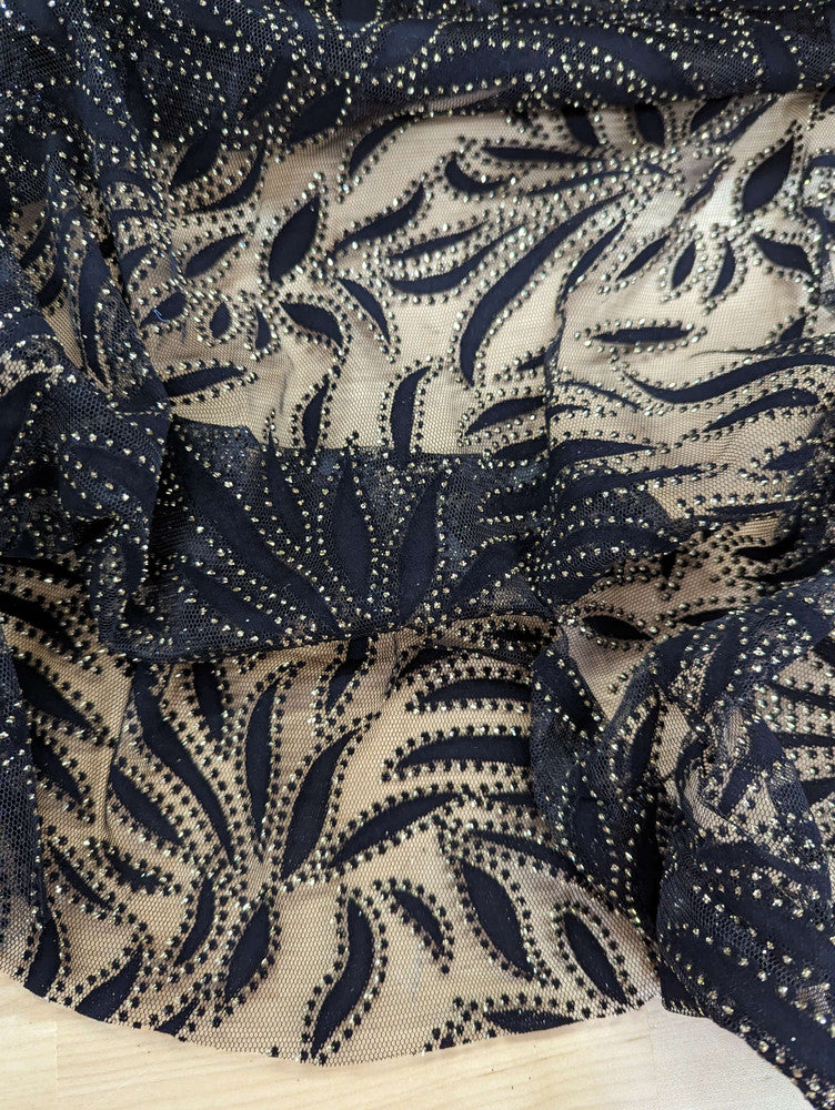 Black Velvet Flocking Lace Polyester Lace Fabric - Glitter Accent, Stretch Mesh, 59/60" Width (1 Yard)