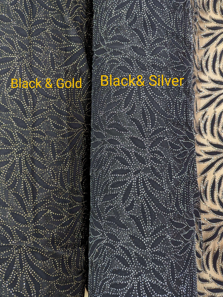 Black Velvet Flocking Lace Polyester Lace Fabric - Glitter Accent, Stretch Mesh, 59/60" Width (1 Yard)