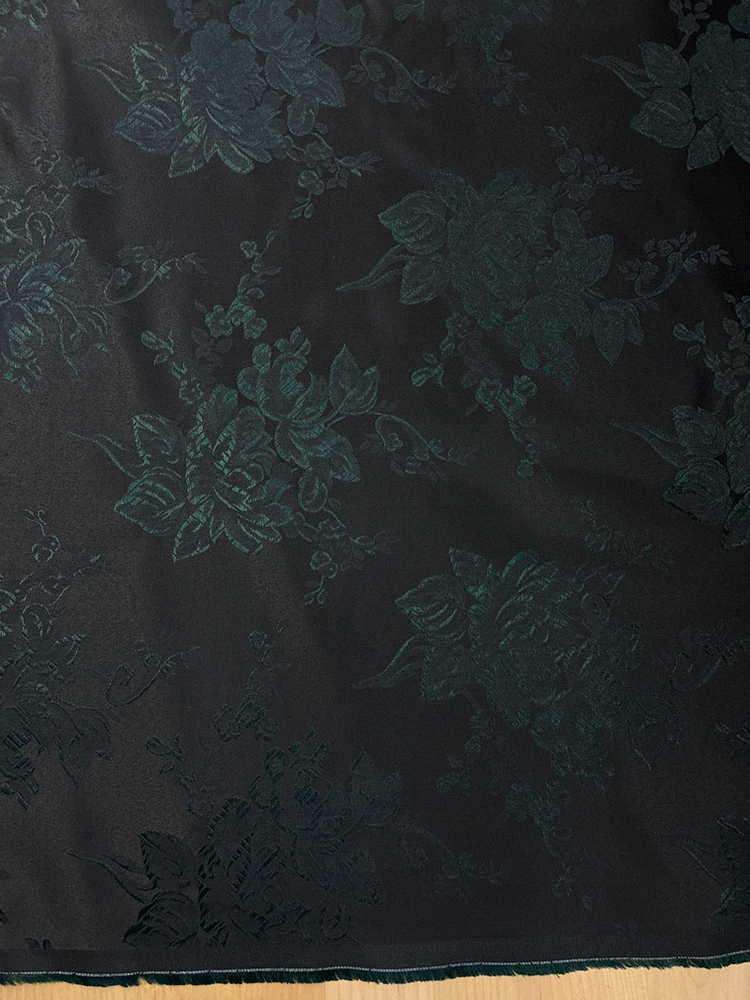 Flower Brocade Polyester Fabric - Black/Hunter Green Floral Jacquard, 58/59" Width (1 Yard)