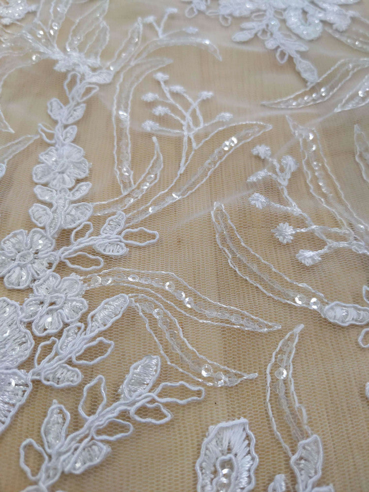 Grace Polyester Lace Fabric - White, Off White Floral Embroidery, Clear Sequins, 50-51" Width (1 Yard)