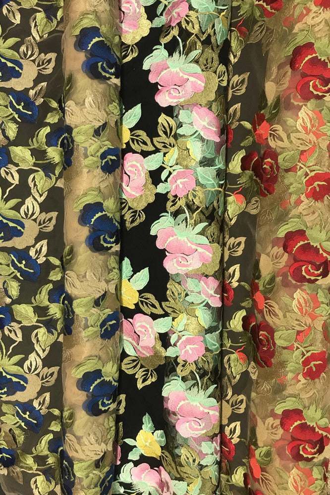 Embroidered Rose Polyester Lace Fabric - Nude Mesh With Navy And Royal Blue Roses, Green And Champagne Leaves, Metallic Accents, 58" Width, 50" Embroidered Width (1 Yard)