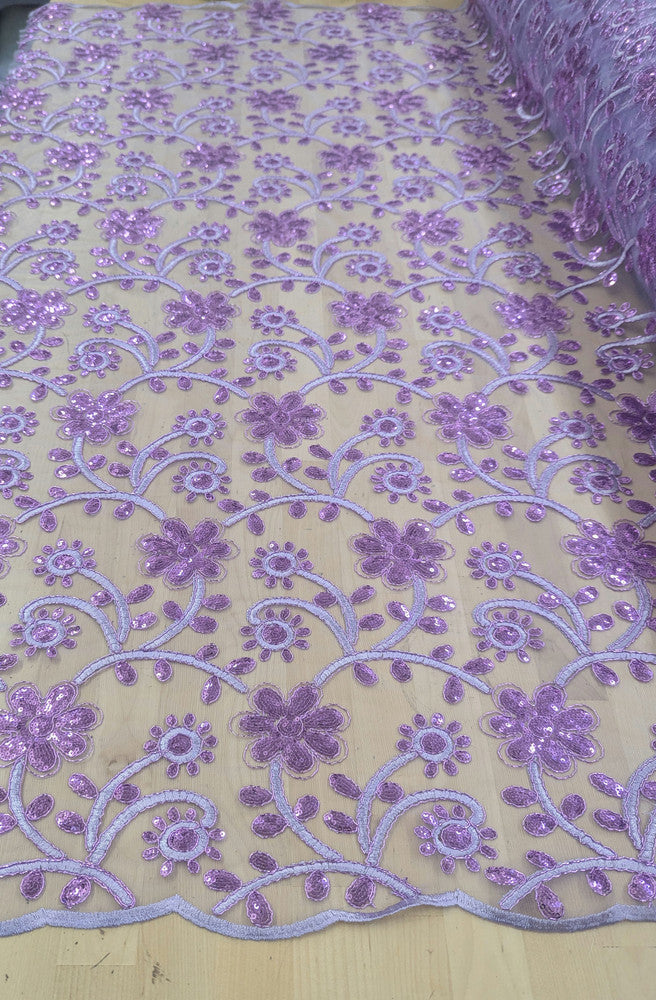 All Over Flowers With Sequins Polyester Lace Fabric - Lilac, Floral Sequins, 55" Width (1 Yard)