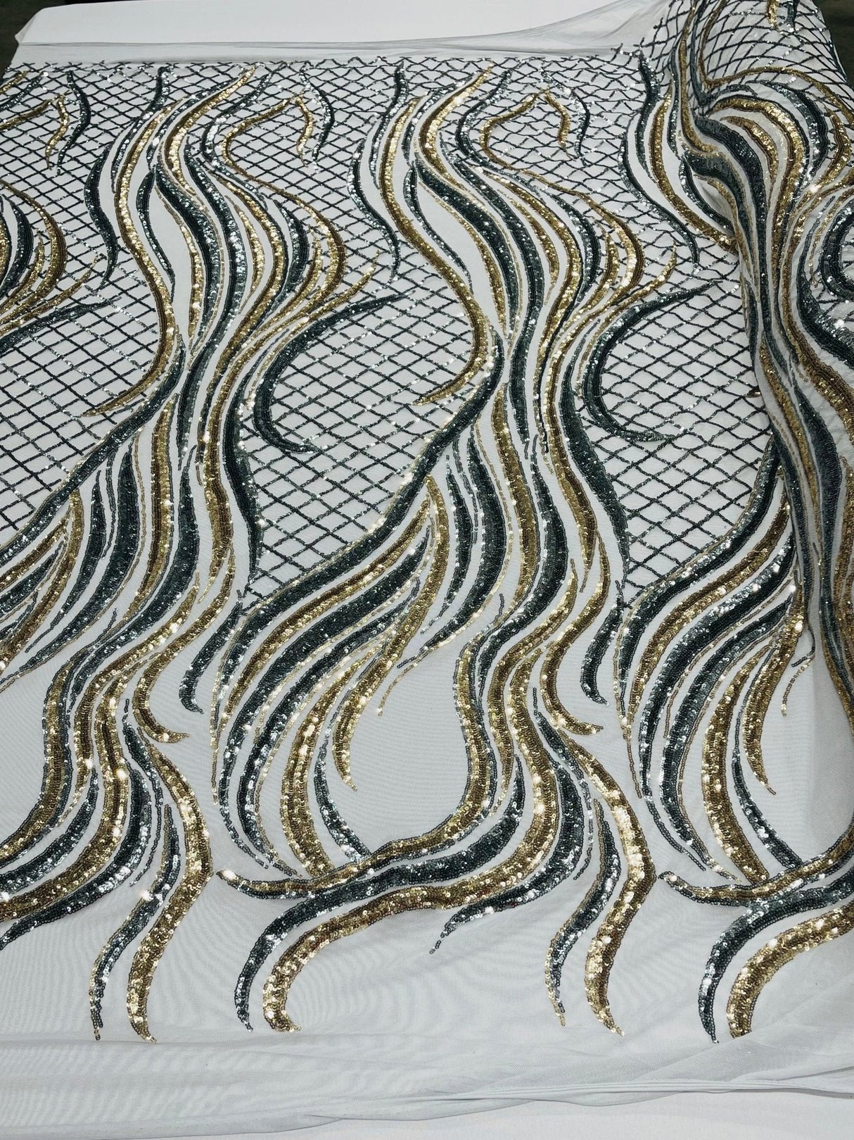 Flame Sequin Polyester Fabric - Flame Sequin Embroidered Mesh, 54" Width (1 Yard)