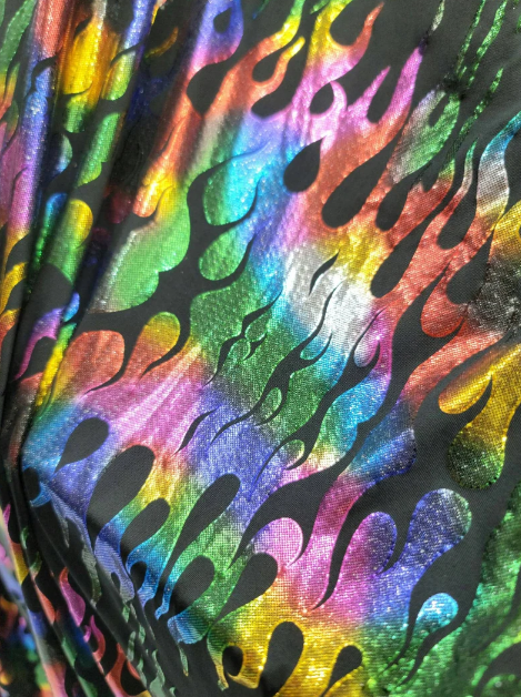 Stretch Pleather Rainbow Flames on Black Foil