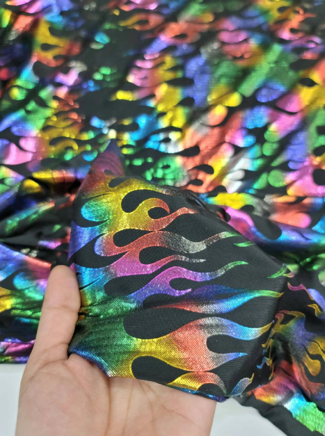 Stretch Pleather Rainbow Flames on Black Foil