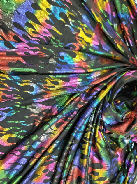 Stretch Pleather Rainbow Flames on Black Foil