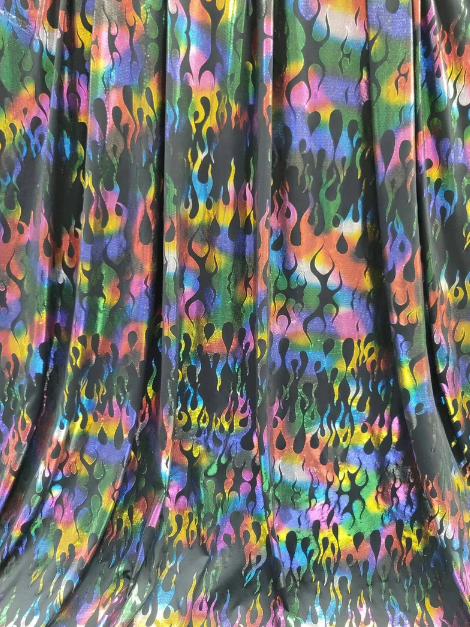 Stretch Pleather Rainbow Flames on Black Foil