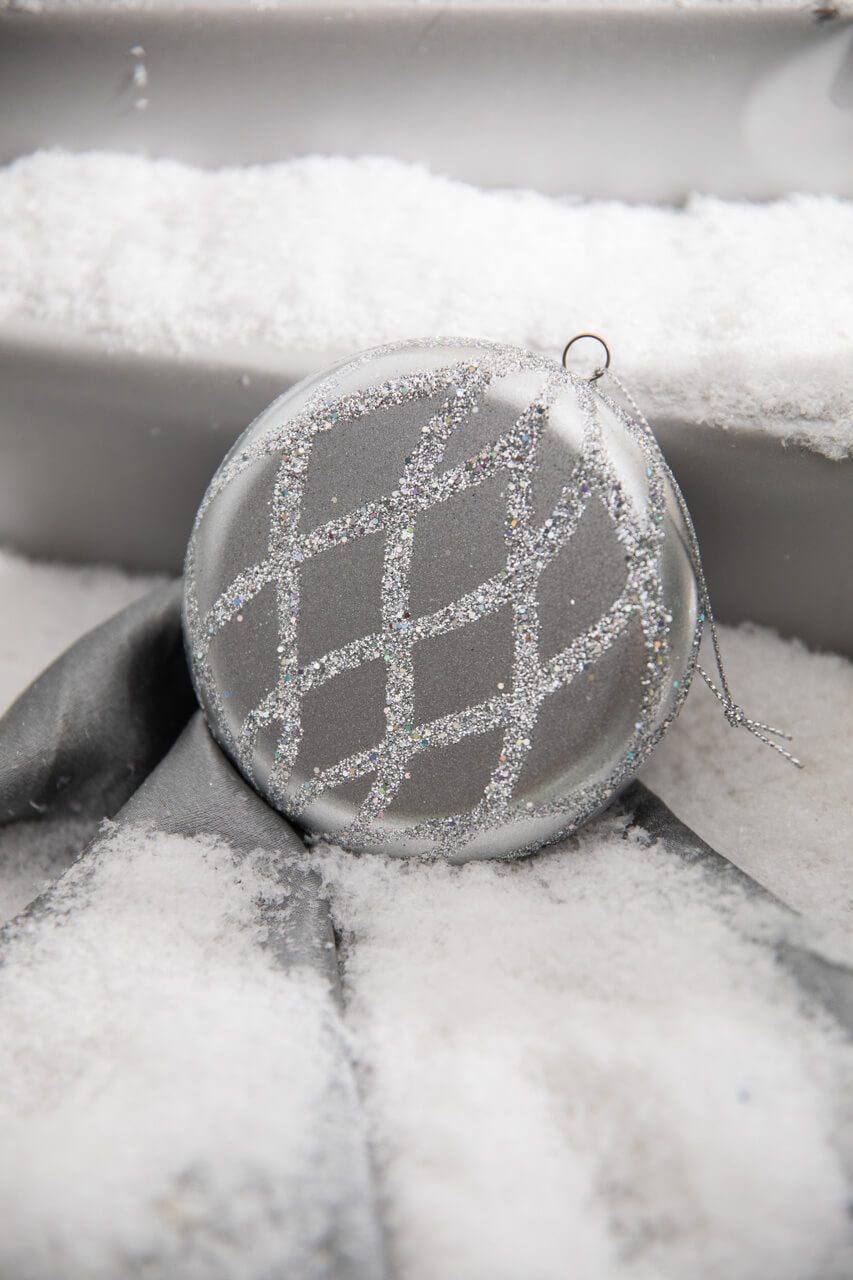 10cm Matte Glitter Flat Round Ornament - Silver