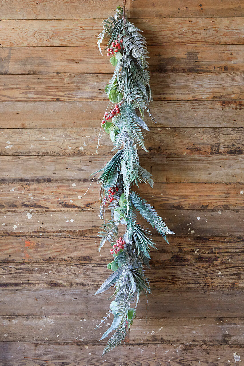 65 Inch Flocked Fern Christmas Garland with Red Berries