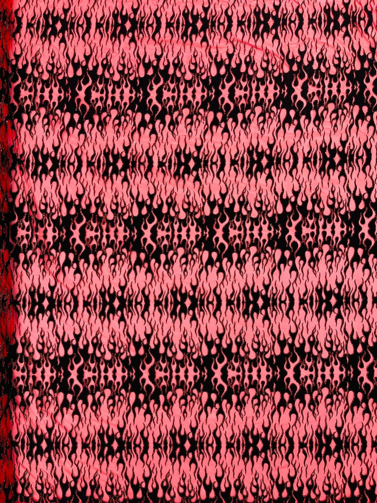 Flocking Flame Power Mesh Power Mesh Fabric - Black Flocked Flames, Red Glitter Accents, 60" Width (1 Yard)