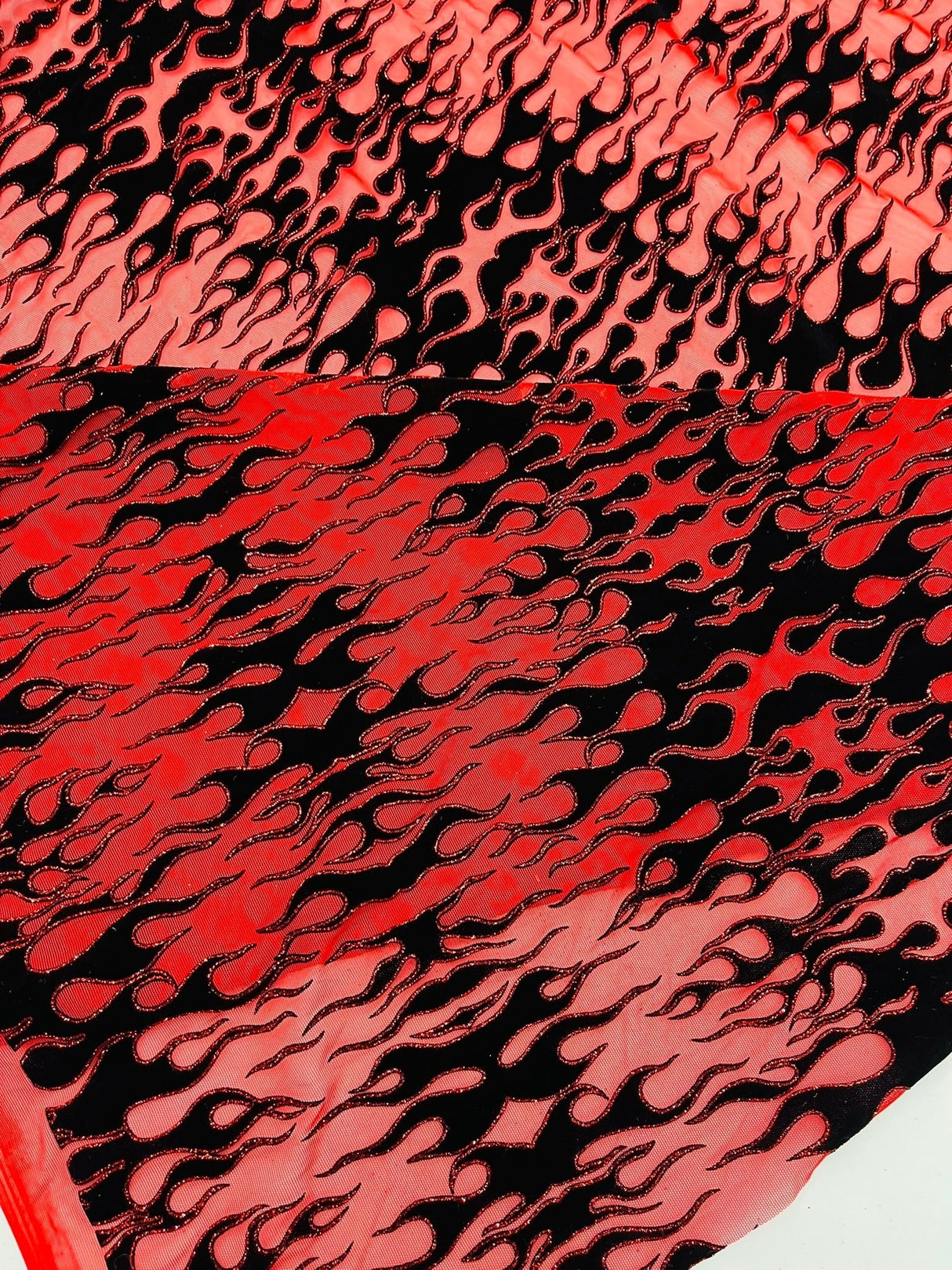 Flocking Flame Power Mesh Power Mesh Fabric - Black Flocked Flames, Red Glitter Accents, 60" Width (1 Yard)