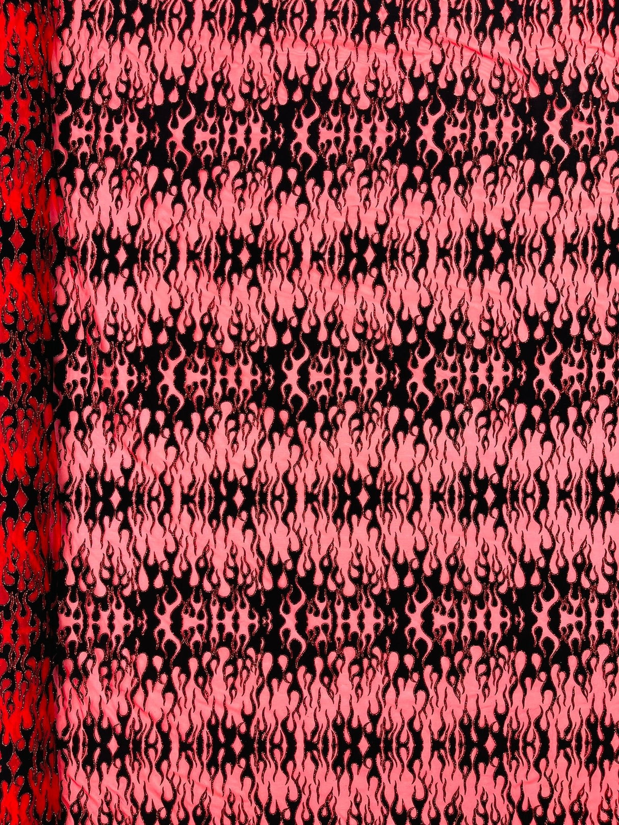 Flocking Flame Power Mesh Power Mesh Fabric - Black Flocked Flames, Red Glitter Accents, 60" Width (1 Yard)