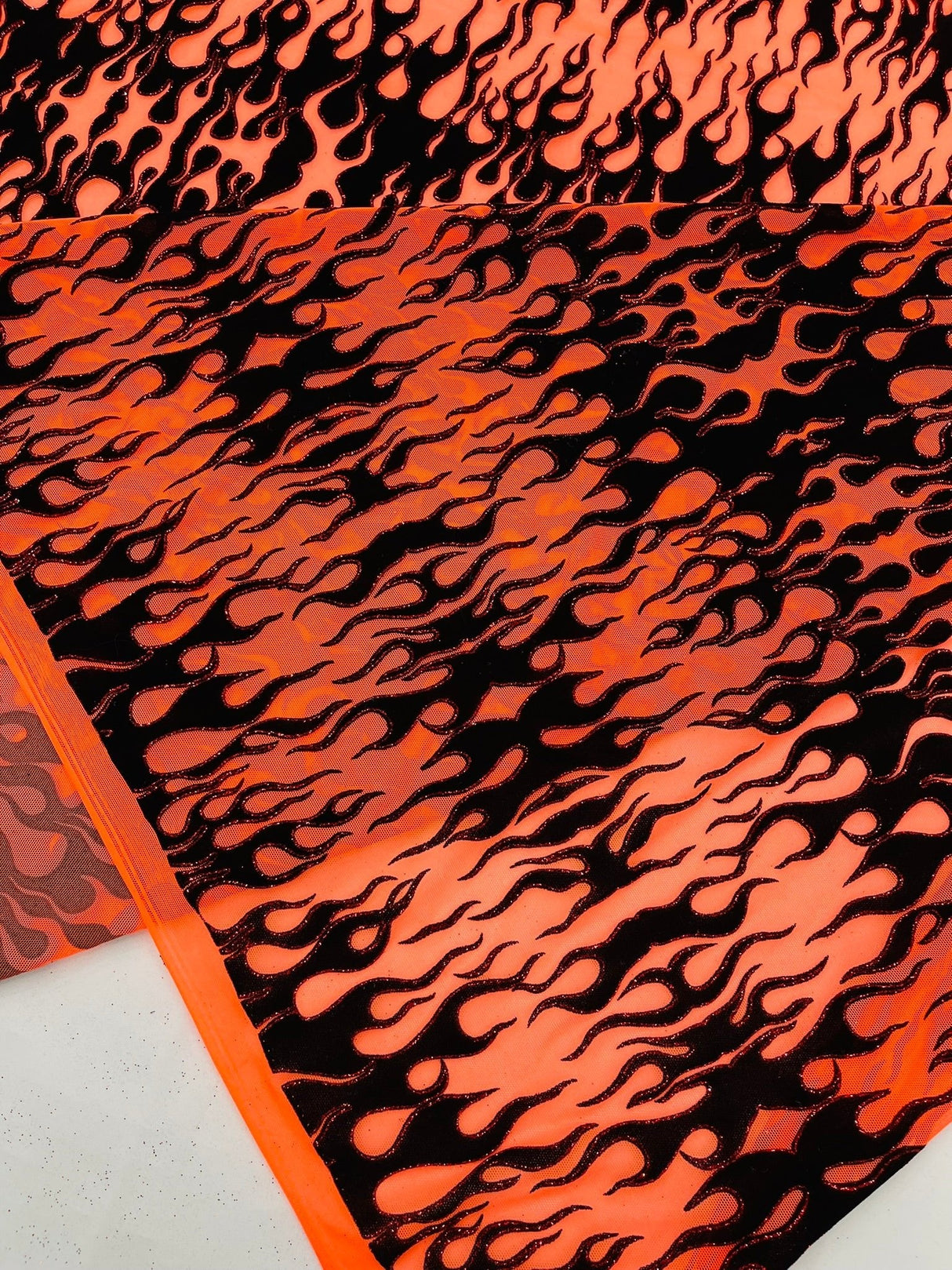 Flocking Flame Power Mesh Power Mesh Fabric - Black Flocked Flames, Red Glitter Accents, 60" Width (1 Yard)