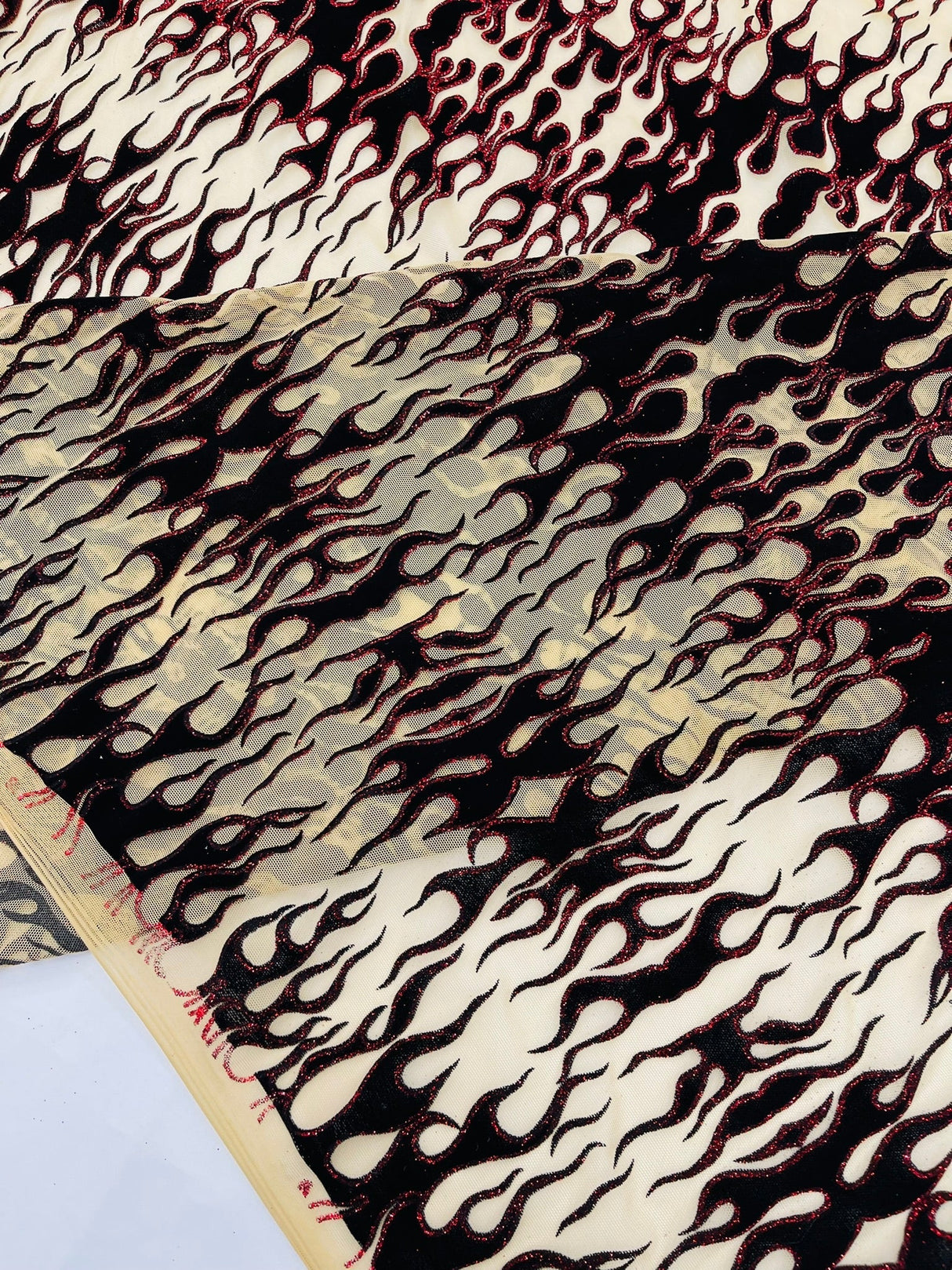 Flocking Flame Power Mesh Power Mesh Fabric - Black Flocked Flames, Red Glitter Accents, 60" Width (1 Yard)