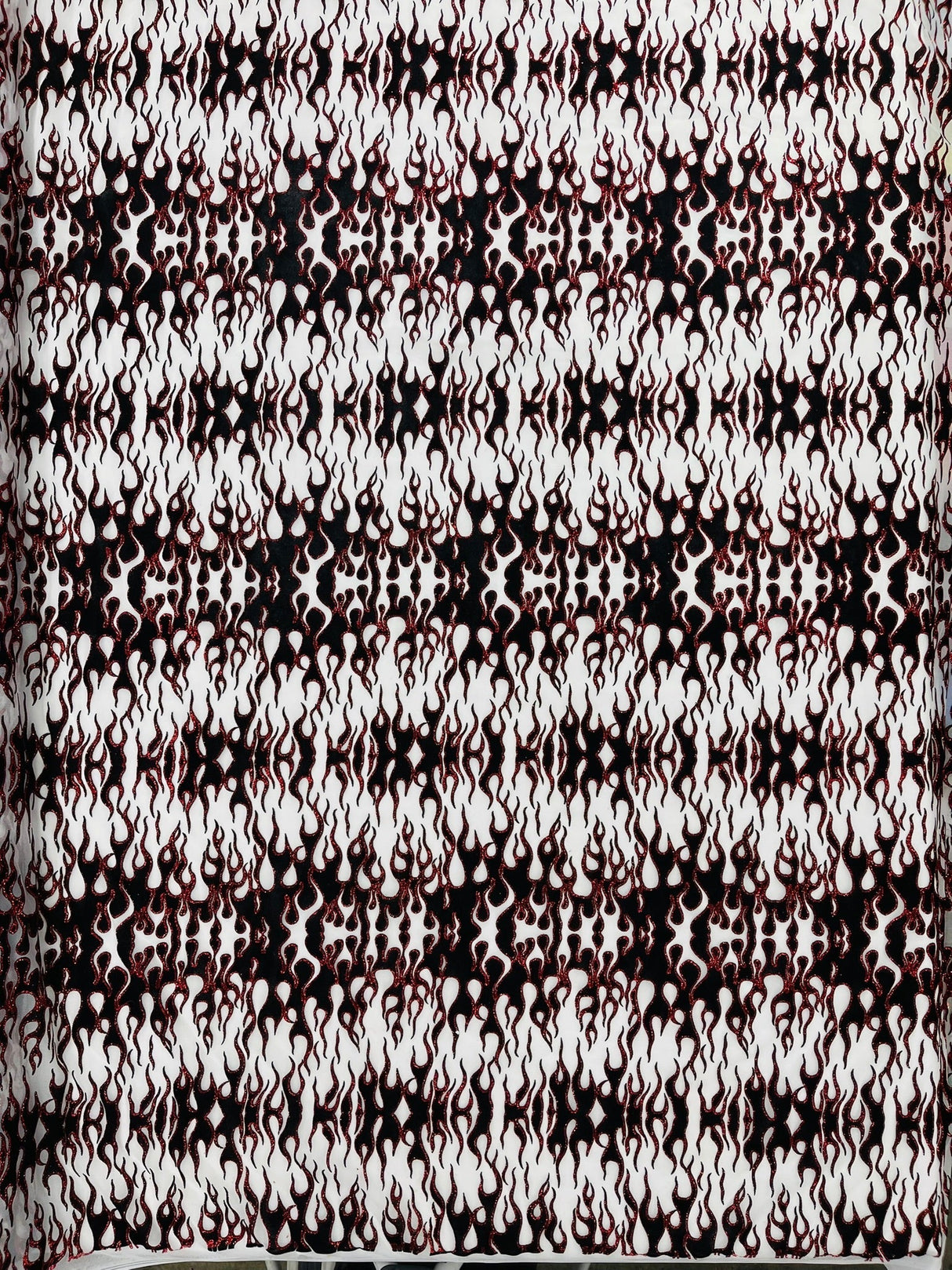 Flocking Flame Power Mesh Power Mesh Fabric - Black Flocked Flames, Red Glitter Accents, 60" Width (1 Yard)