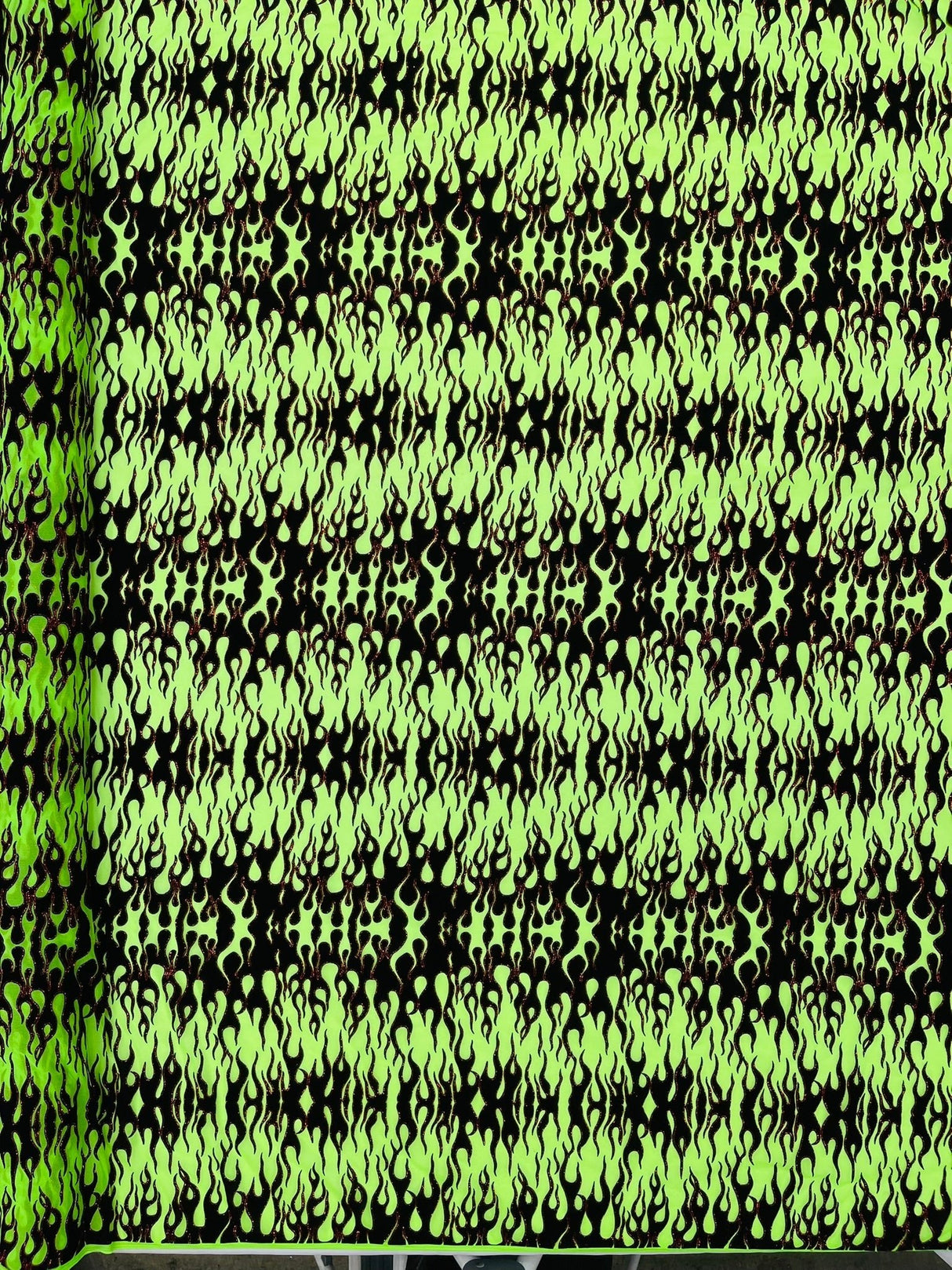 Flocking Flame Power Mesh Power Mesh Fabric - Black Flocked Flames, Red Glitter Accents, 60" Width (1 Yard)