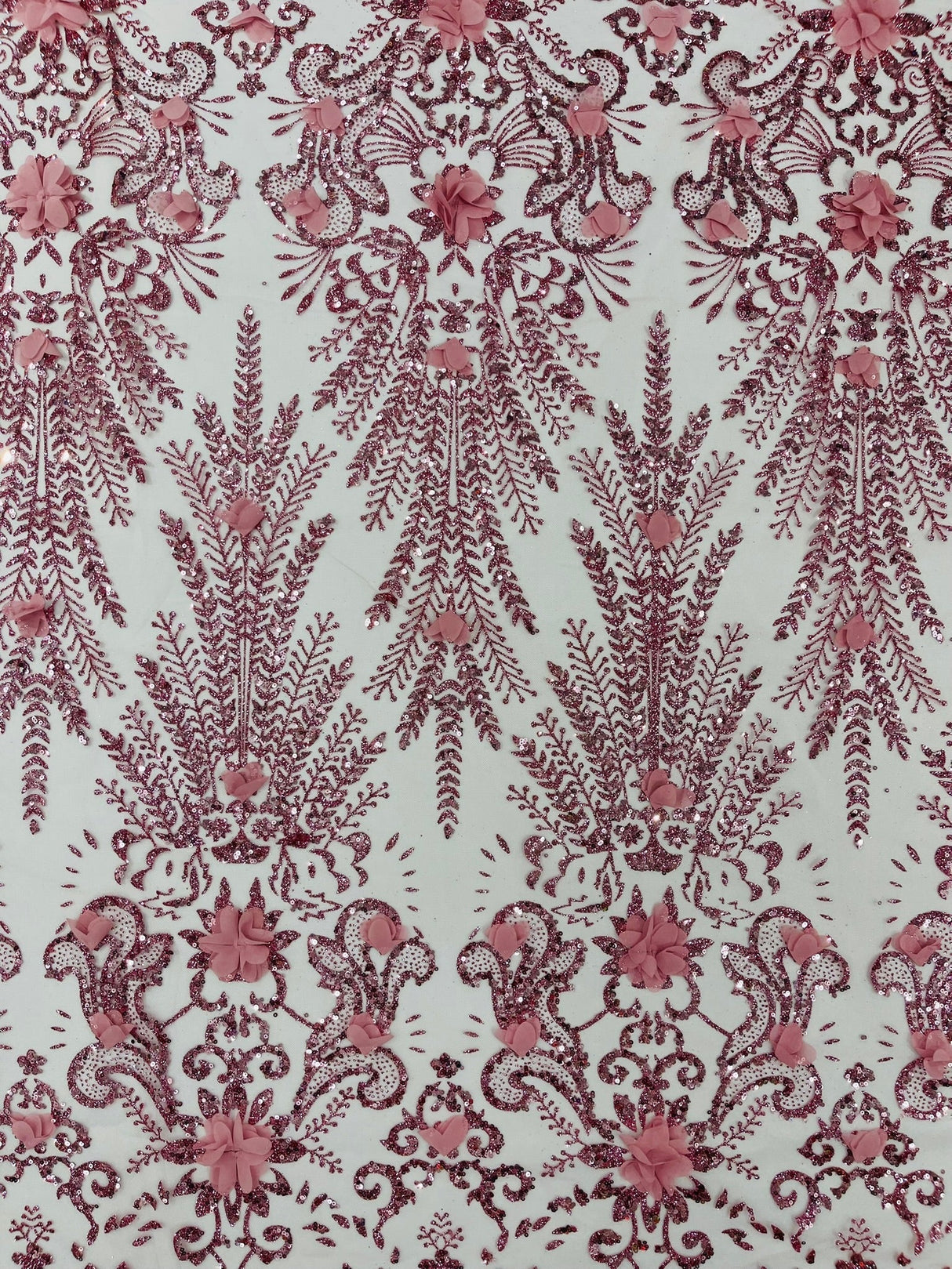 Floral 3D Palm Damask Mesh Lace Fabric - Glitter Embroidered Floral Damask, 48/50" Width, 36" Length (1 Yard)