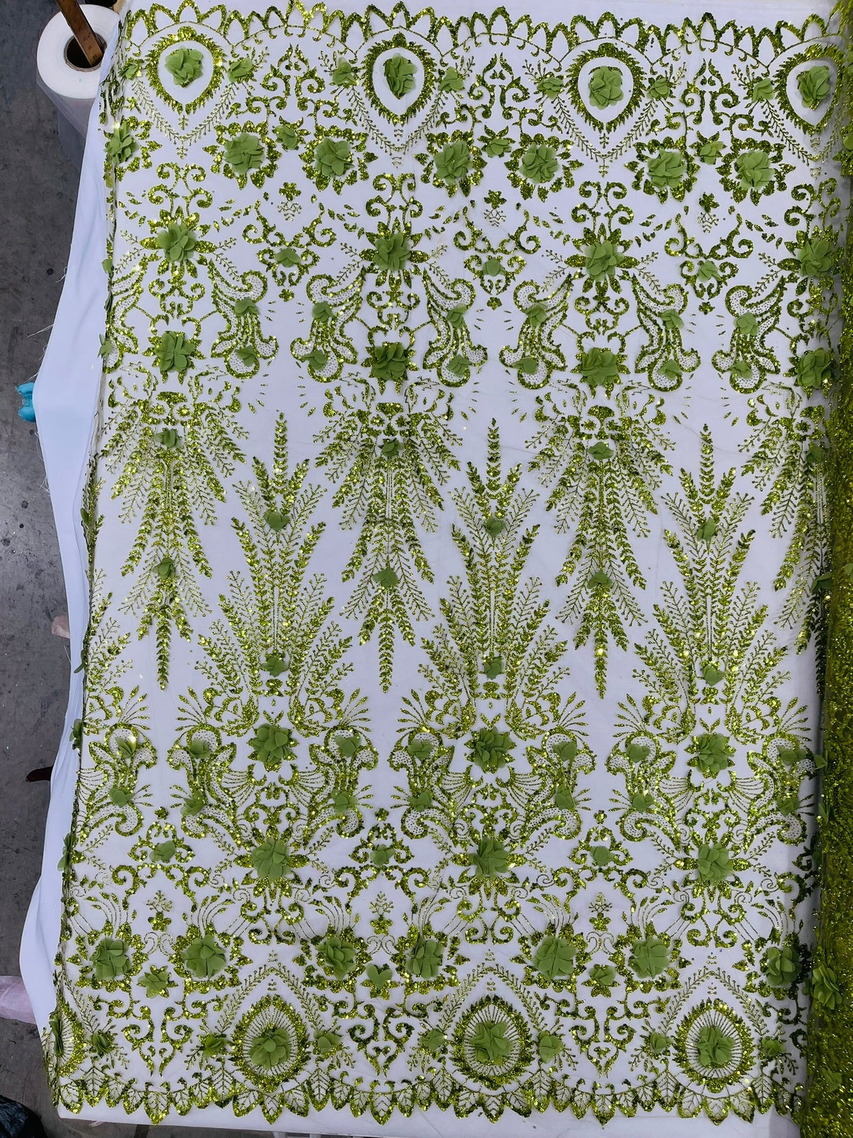 Floral 3D Palm Damask Mesh Lace Fabric - Glitter Embroidered Floral Damask, 48/50" Width, 36" Length (1 Yard)
