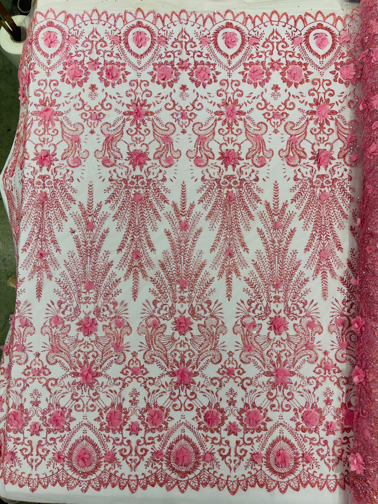 Floral 3D Palm Damask Mesh Lace Fabric - Glitter Embroidered Floral Damask, 48/50" Width, 36" Length (1 Yard)