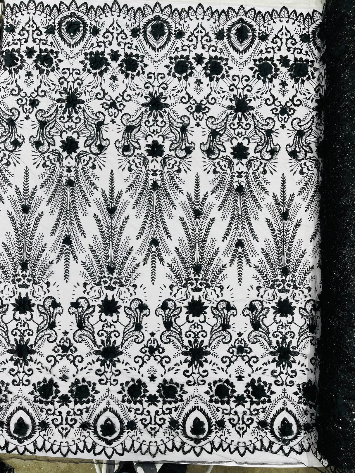 Floral 3D Palm Damask Mesh Lace Fabric - Glitter Embroidered Floral Damask, 48/50" Width, 36" Length (1 Yard)