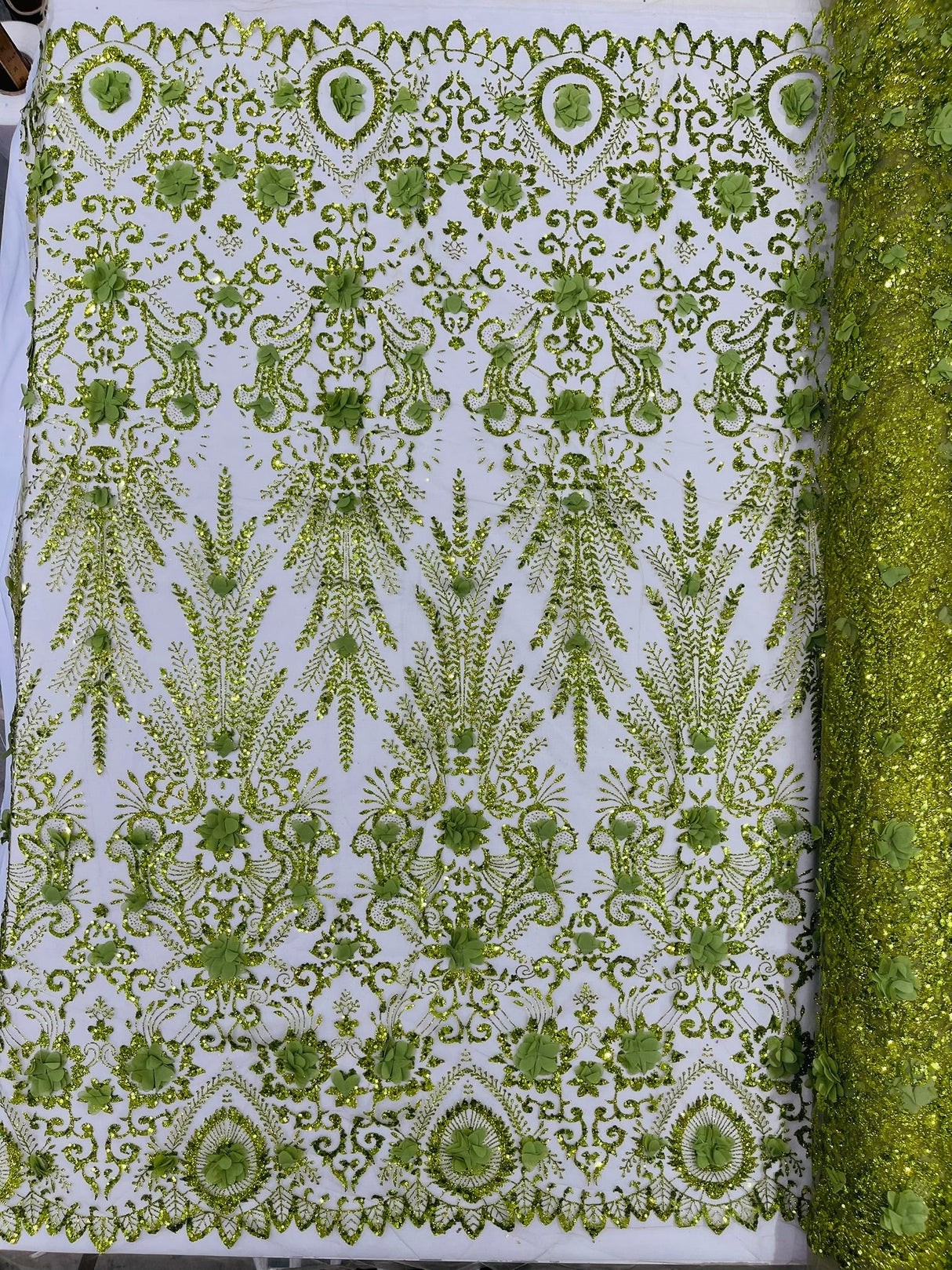 Floral 3D Palm Damask Mesh Lace Fabric - Glitter Embroidered Floral Damask, 48/50" Width, 36" Length (1 Yard)