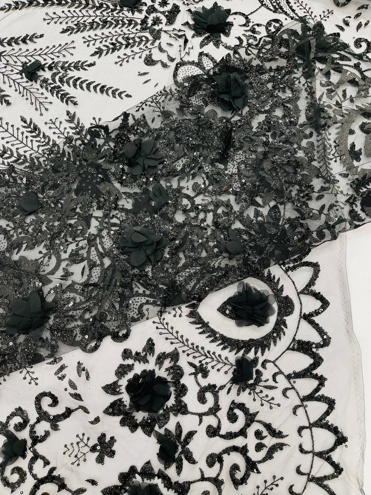 Floral 3D Palm Damask Mesh Lace Fabric - Glitter Embroidered Floral Damask, 48/50" Width, 36" Length (1 Yard)