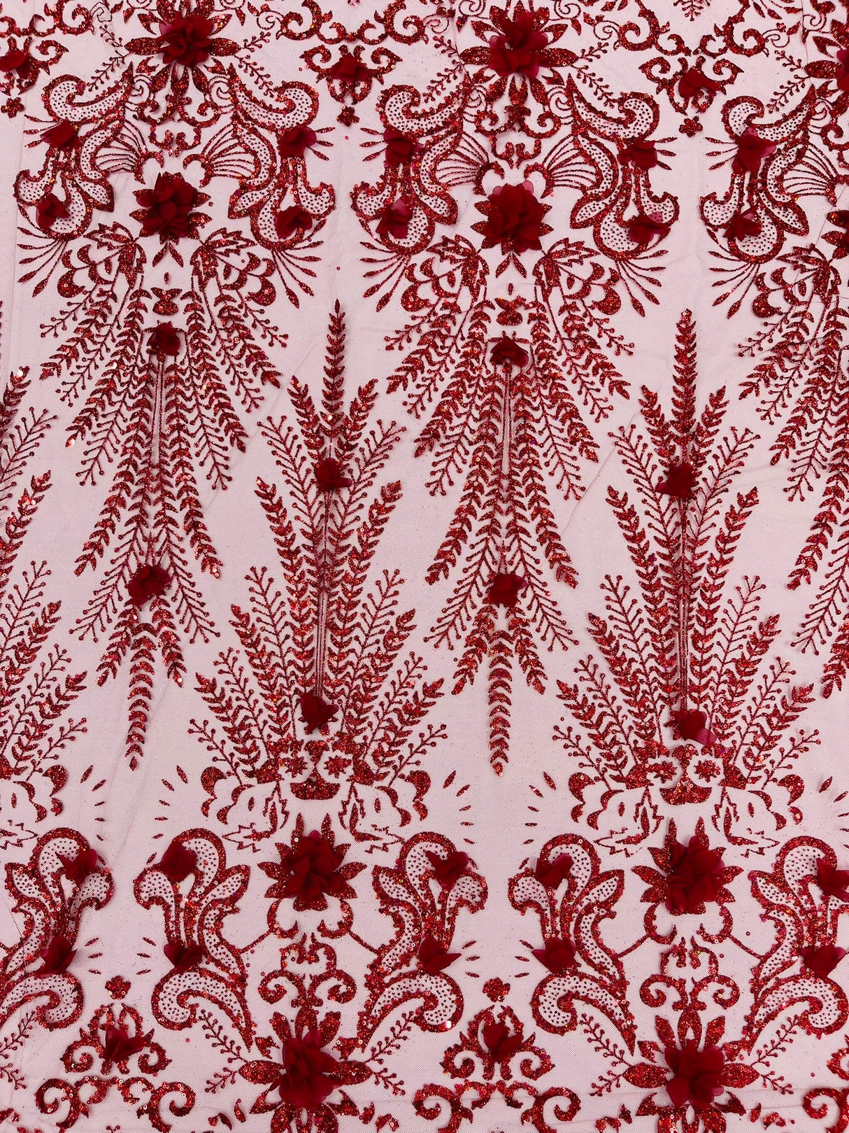 Floral 3D Palm Damask Mesh Lace Fabric - Glitter Embroidered Floral Damask, 48/50" Width, 36" Length (1 Yard)