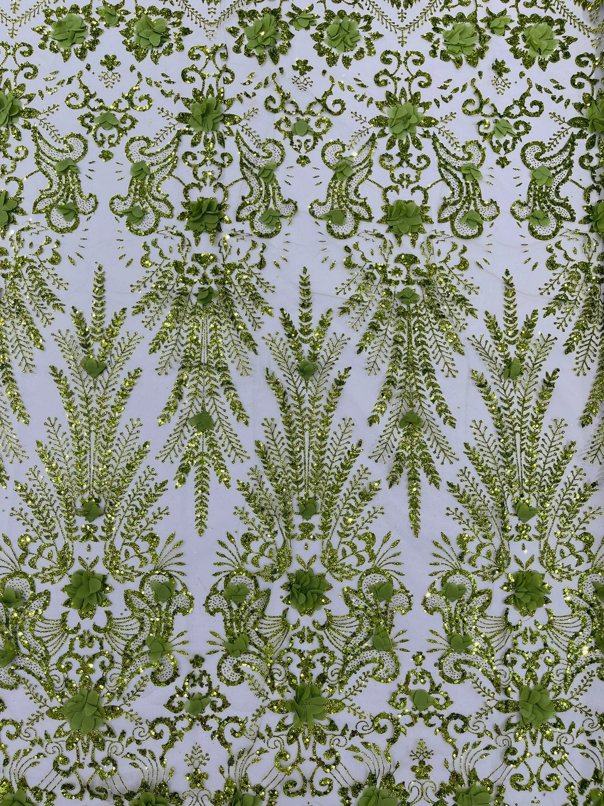 Floral 3D Palm Damask Mesh Lace Fabric - Glitter Embroidered Floral Damask, 48/50" Width, 36" Length (1 Yard)