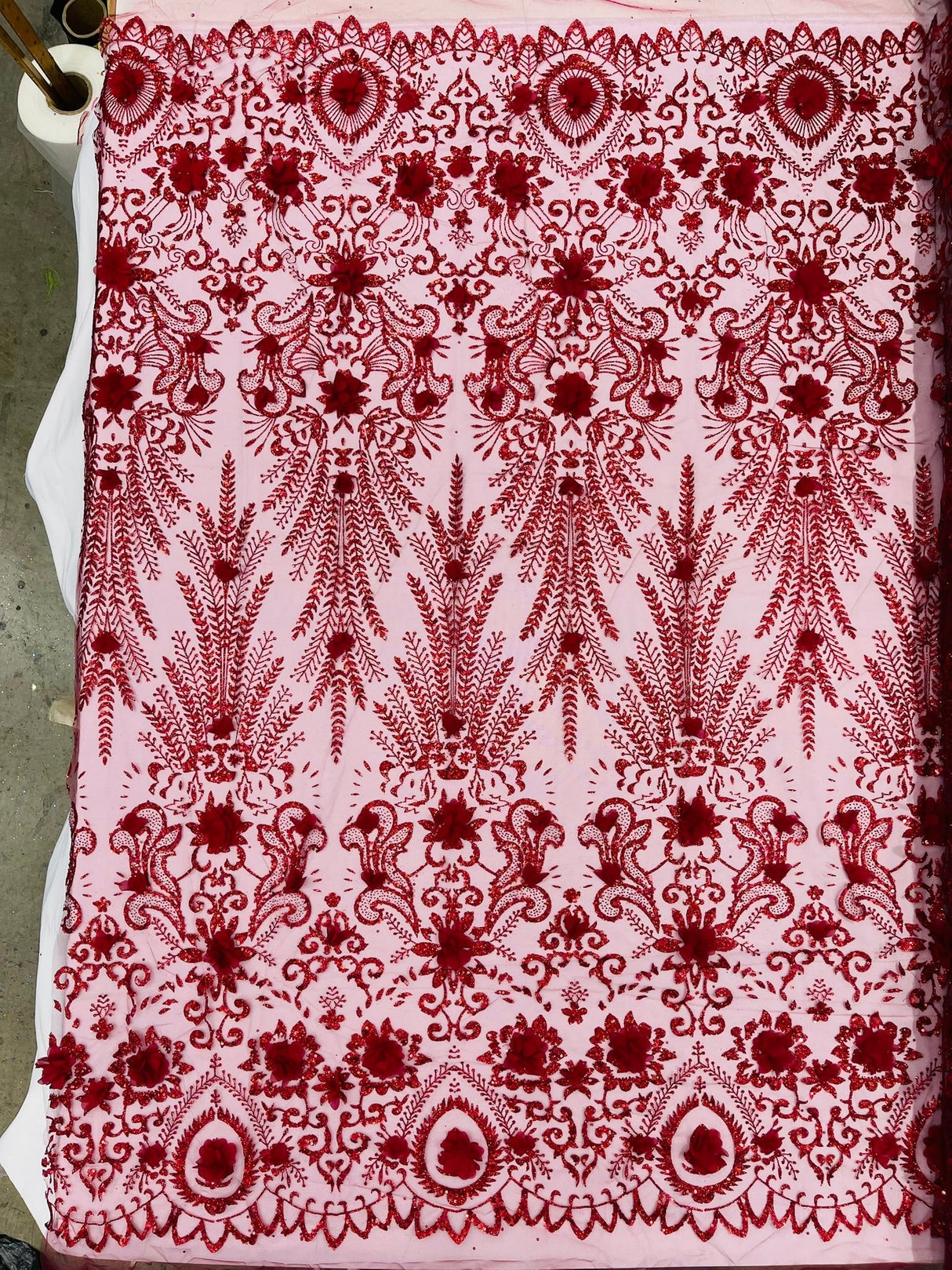 Floral 3D Palm Damask Mesh Lace Fabric - Glitter Embroidered Floral Damask, 48/50" Width, 36" Length (1 Yard)