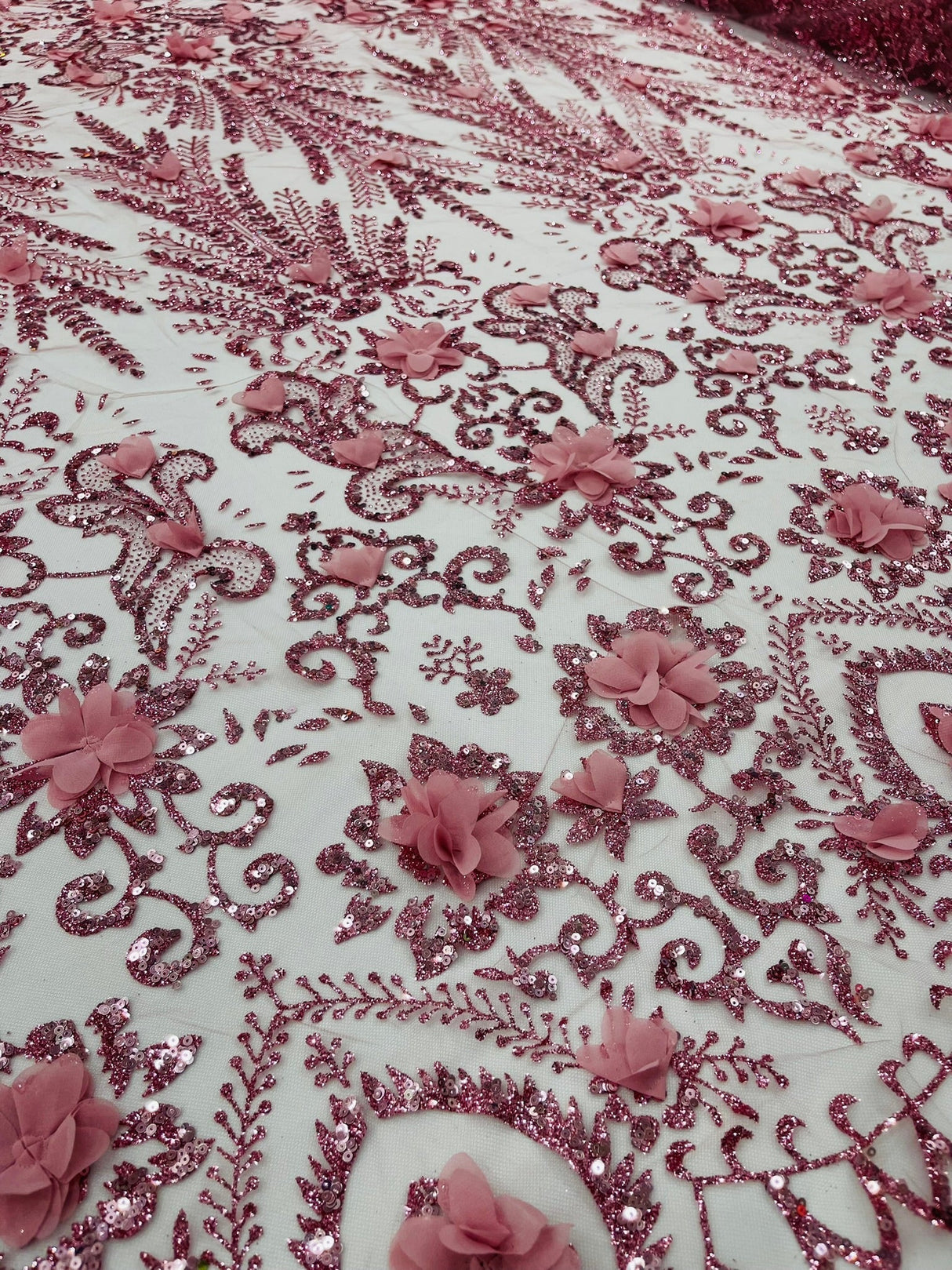 Floral 3D Palm Damask Mesh Lace Fabric - Glitter Embroidered Floral Damask, 48/50" Width, 36" Length (1 Yard)