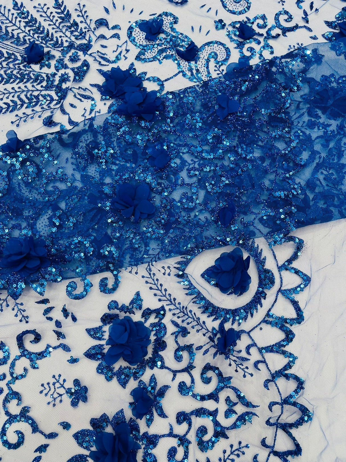 Floral 3D Palm Damask Mesh Lace Fabric - Glitter Embroidered Floral Damask, 48/50" Width, 36" Length (1 Yard)