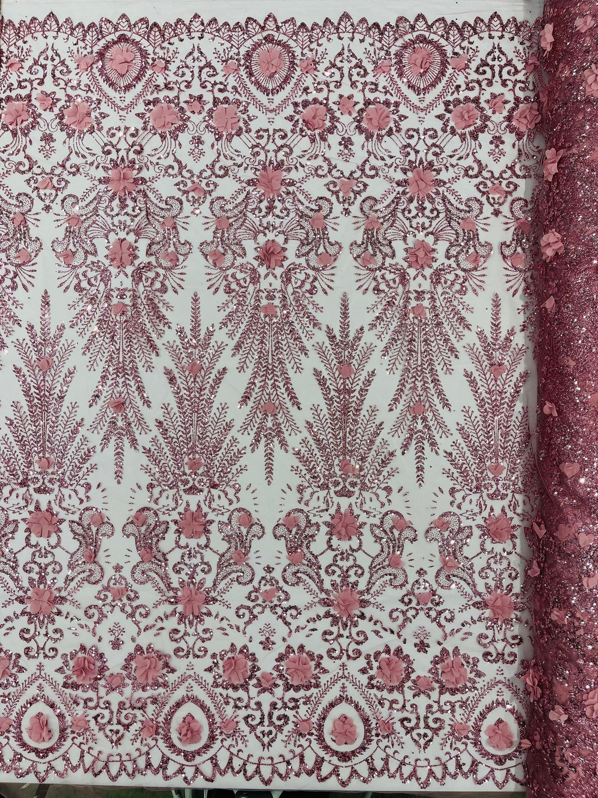 Floral 3D Palm Damask Mesh Lace Fabric - Glitter Embroidered Floral Damask, 48/50" Width, 36" Length (1 Yard)