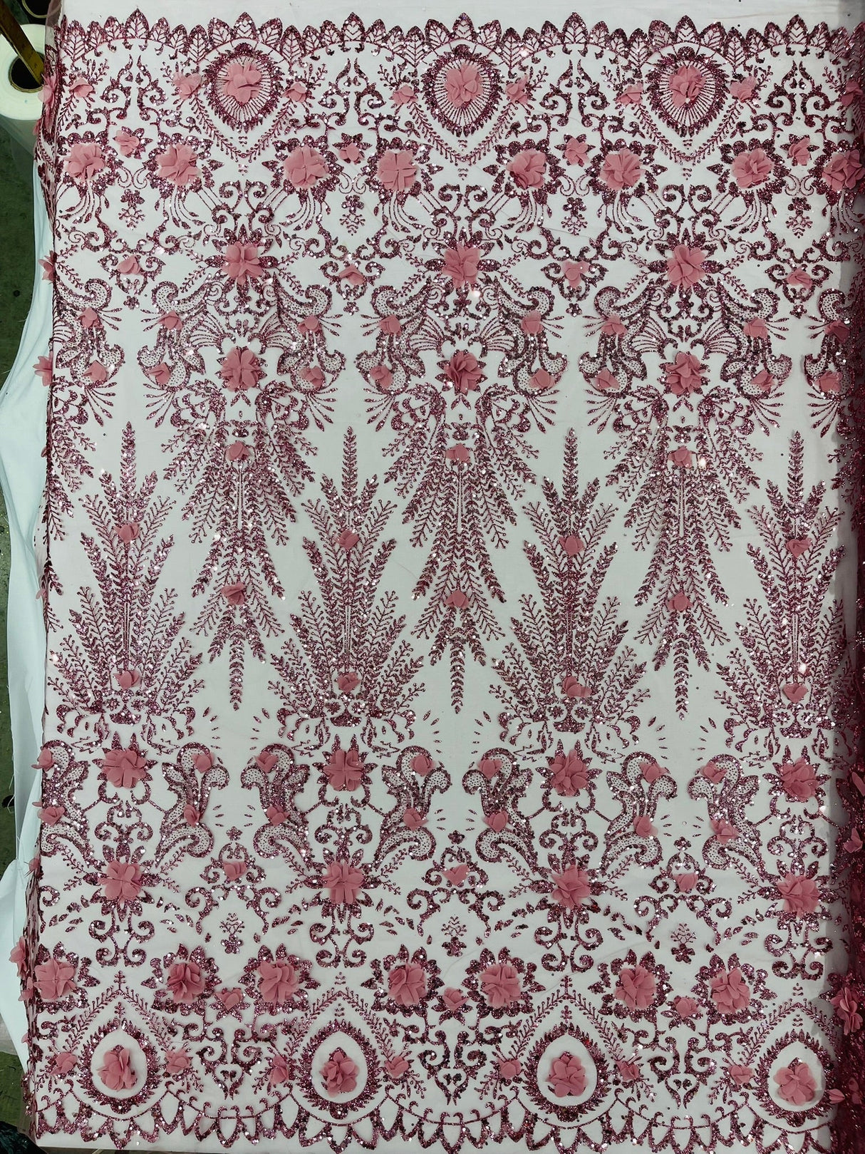 Floral 3D Palm Damask Mesh Lace Fabric - Glitter Embroidered Floral Damask, 48/50" Width, 36" Length (1 Yard)