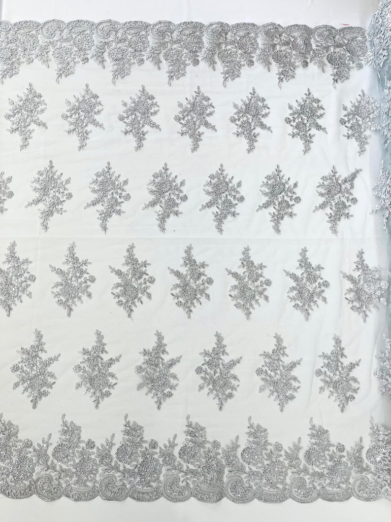Mia Floral Design Lace Polyester Fabric - Floral Corded Embroidered Sequins Mesh Lace, 50-54" Width (1 Yard)