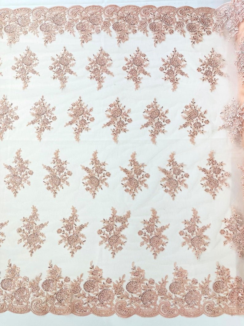Mia Floral Design Lace Polyester Fabric - Floral Corded Embroidered Sequins Mesh Lace, 50-54" Width (1 Yard)