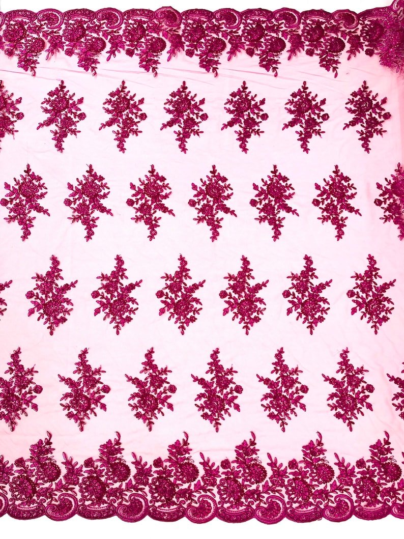 Mia Floral Design Lace Polyester Fabric - Floral Corded Embroidered Sequins Mesh Lace, 50-54" Width (1 Yard)