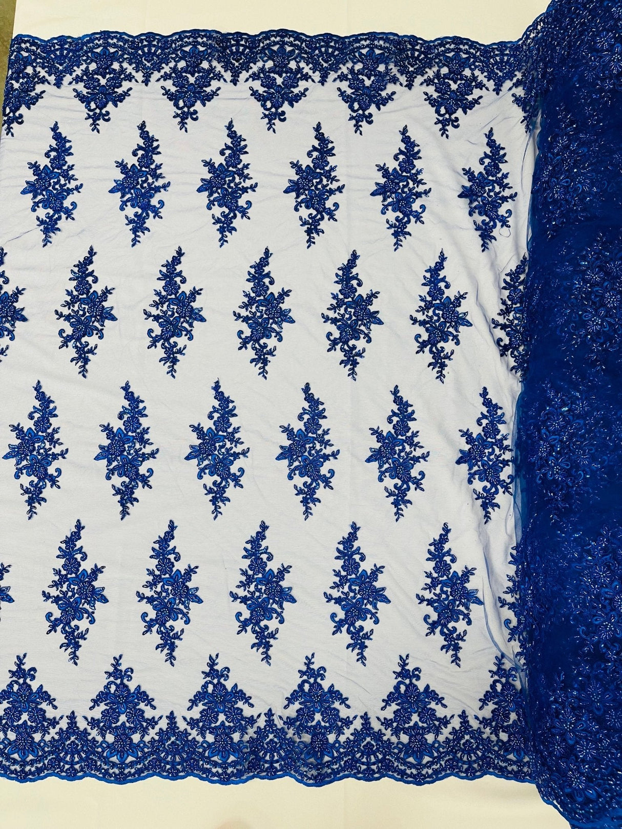 Small Floral Damask Beaded Lace Fabric - Floral Damask, 54" Width (1 Yard)