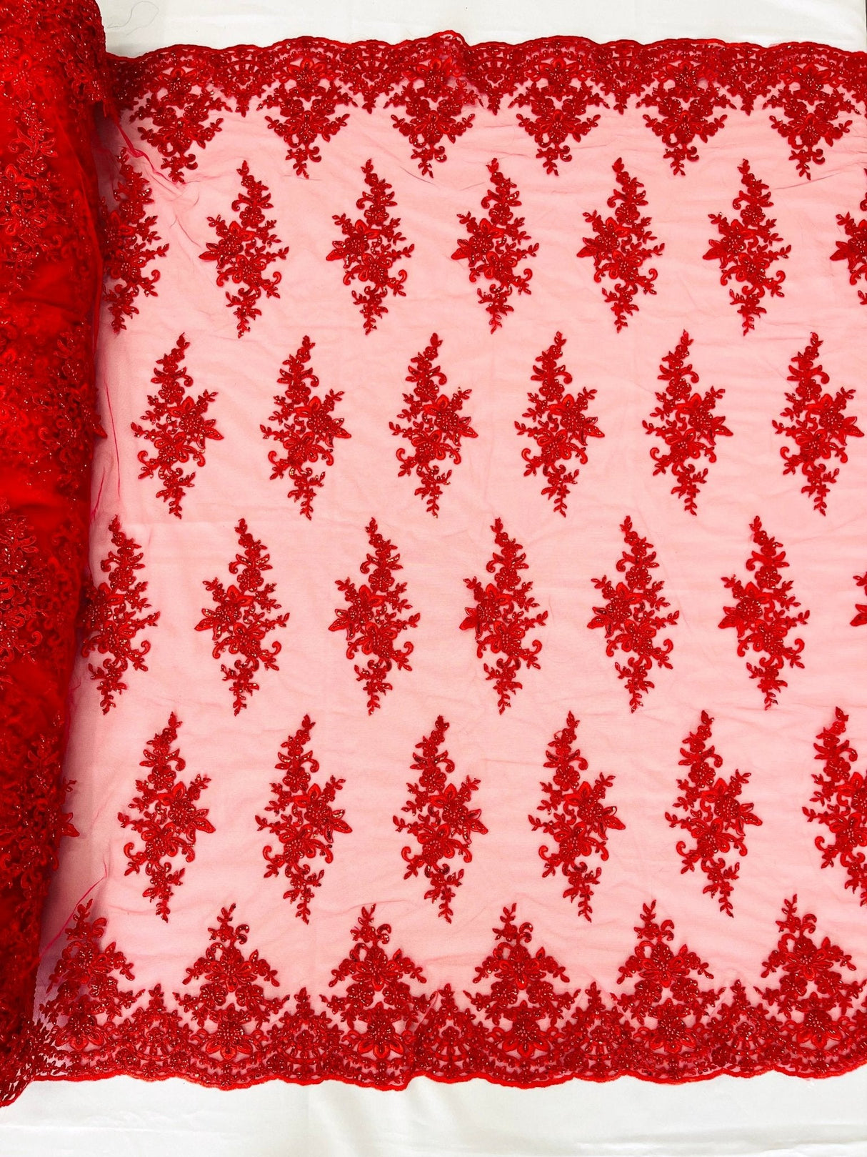 Small Floral Damask Beaded Lace Fabric - Floral Damask, 54" Width (1 Yard)