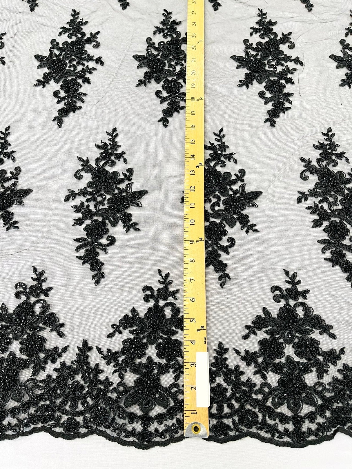 Small Floral Damask Beaded Lace Fabric - Floral Damask, 54" Width (1 Yard)