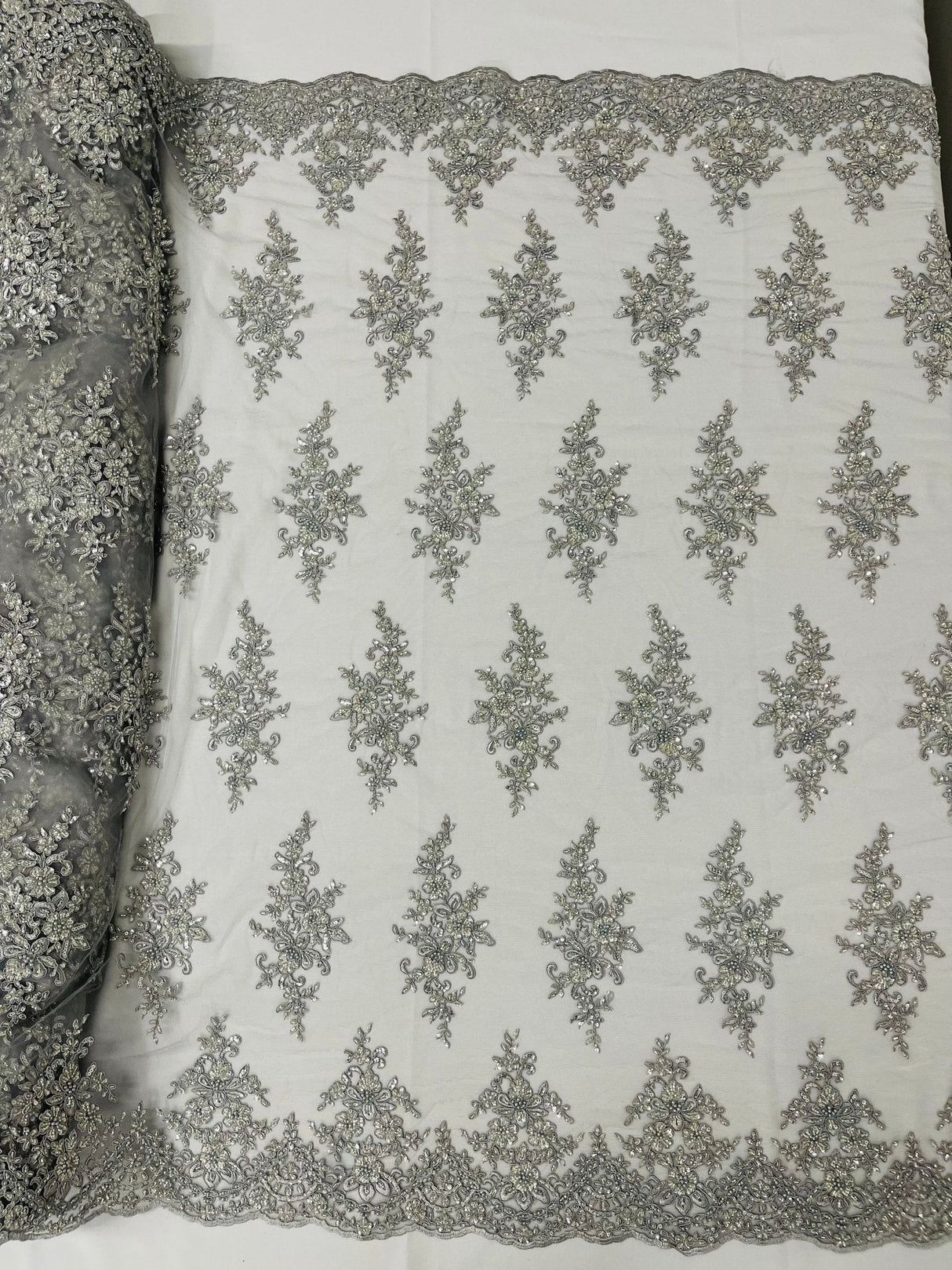 Small Floral Damask Beaded Lace Fabric - Floral Damask, 54" Width (1 Yard)