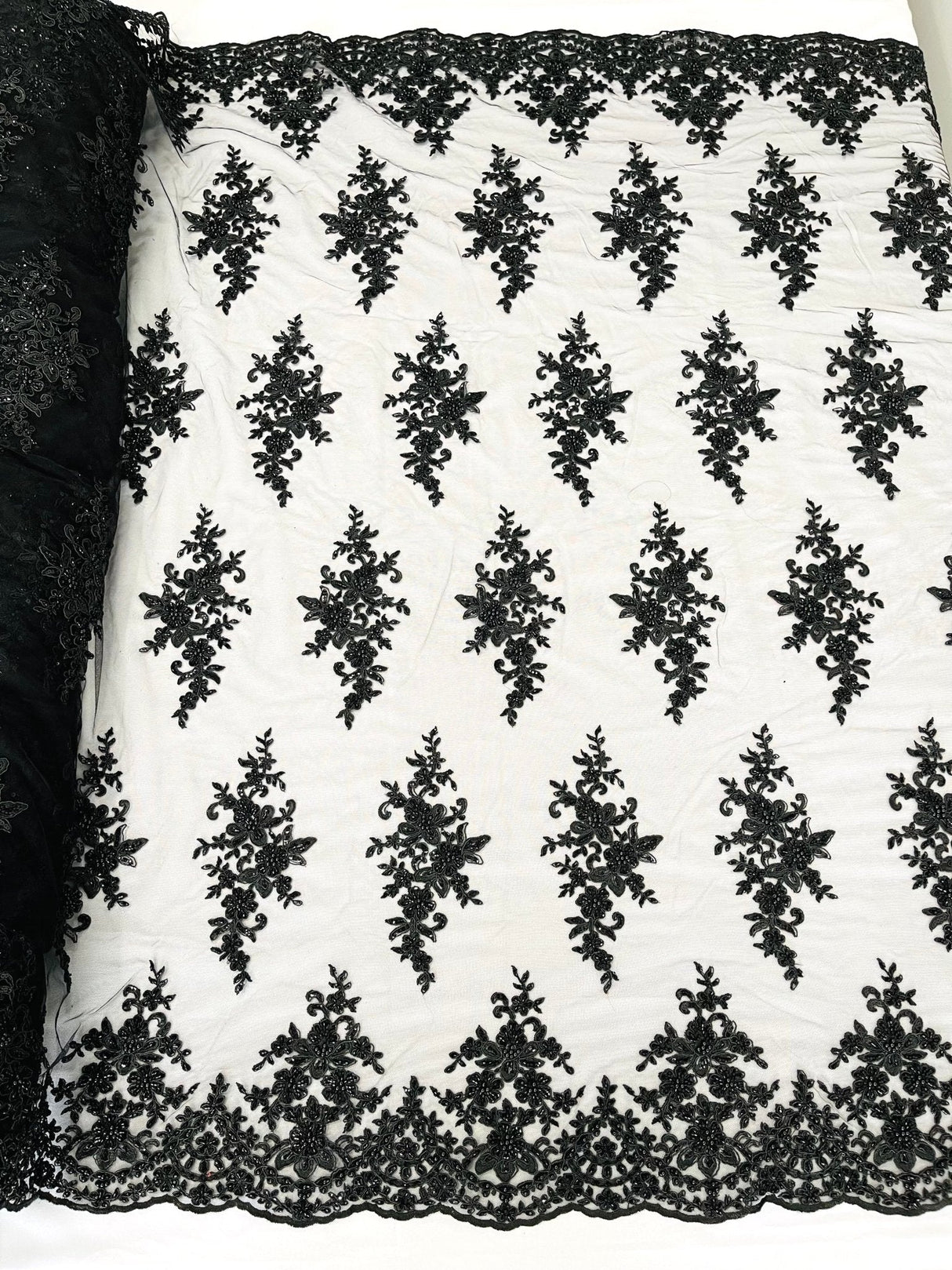 Small Floral Damask Beaded Lace Fabric - Floral Damask, 54" Width (1 Yard)