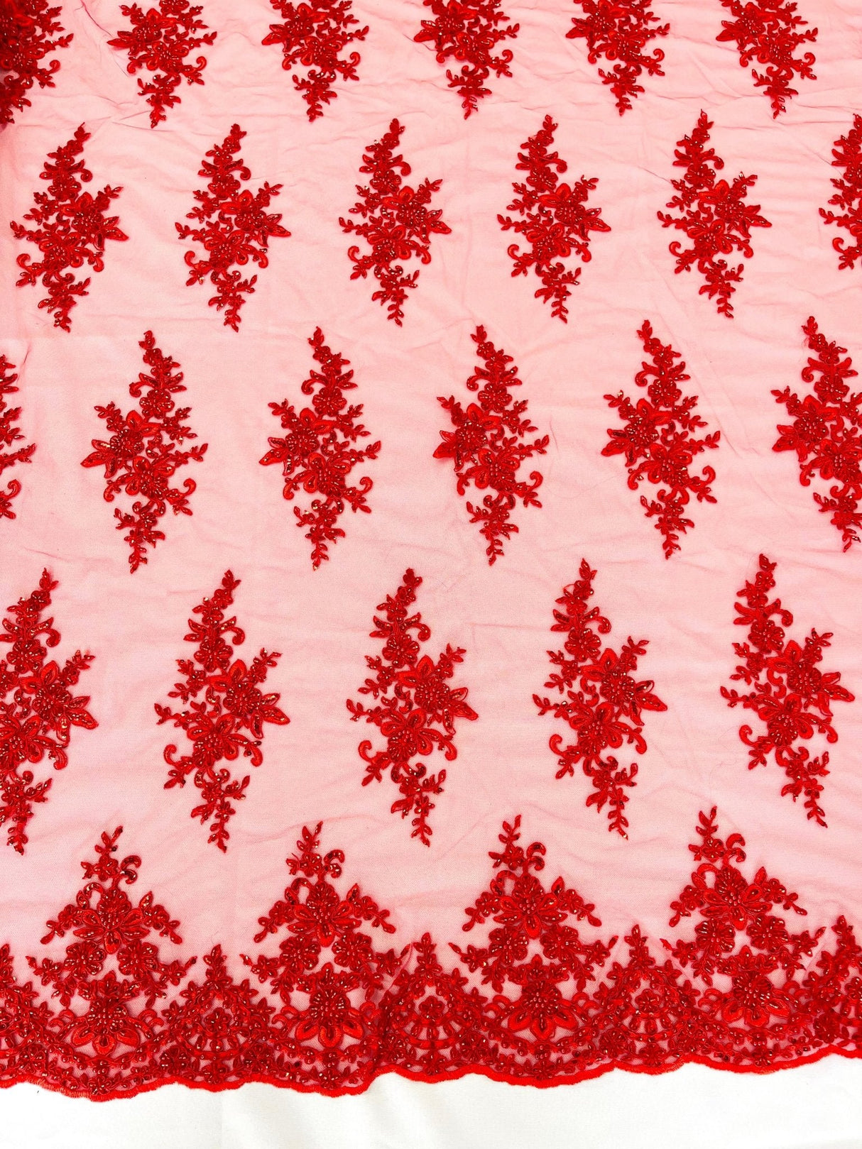 Small Floral Damask Beaded Lace Fabric - Floral Damask, 54" Width (1 Yard)